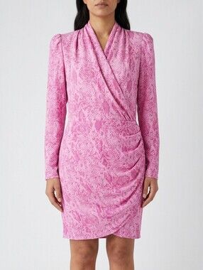 NWT STINE GOYA Clem Pink Snake Print Mini Dress Puff Sleeve Faux Wrap M